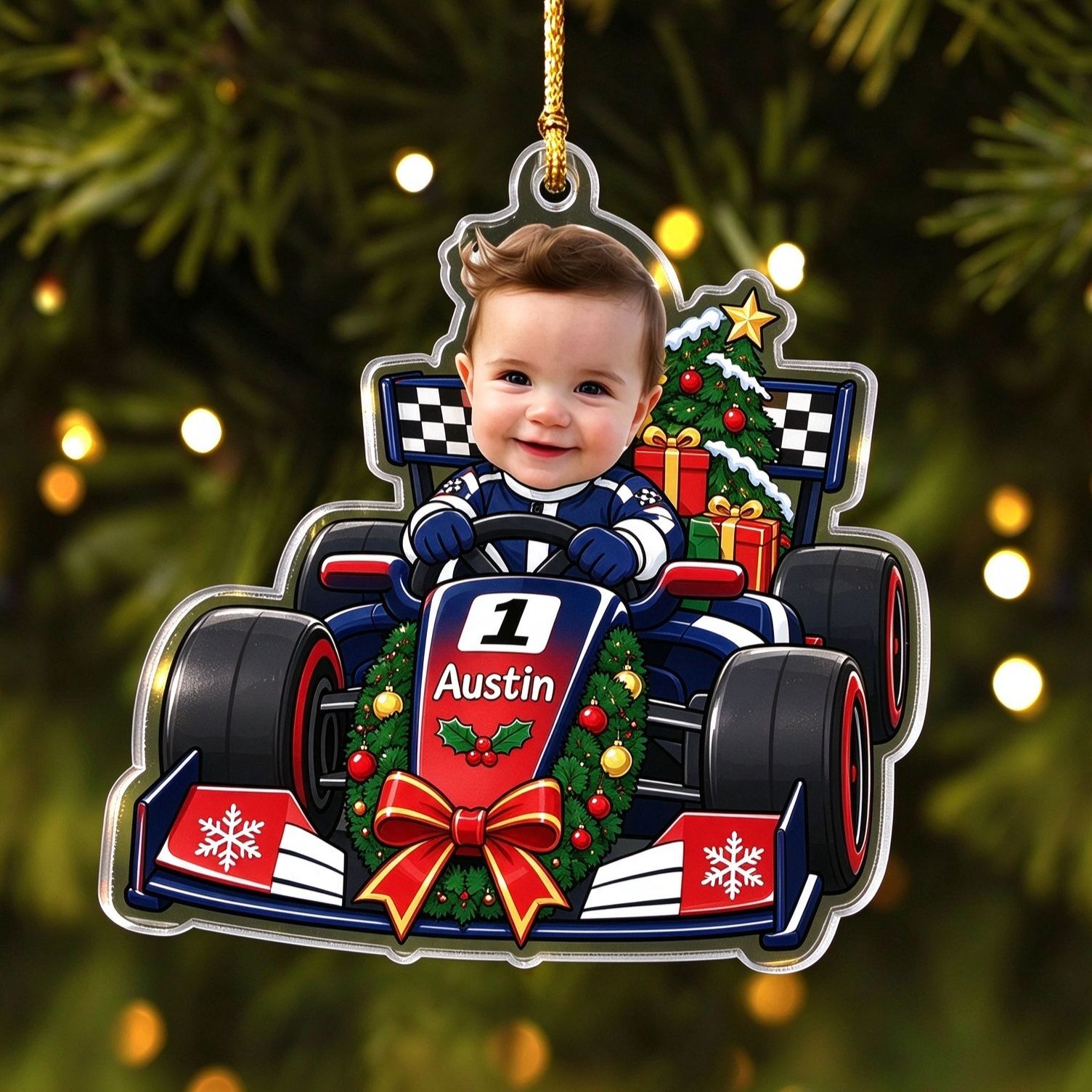 [Copy]Personalized Race Car Christmas Ornament, Custom Photo Name & Number Keepsake Christmas Gift, Acrylic Xmas Tree Decoration
