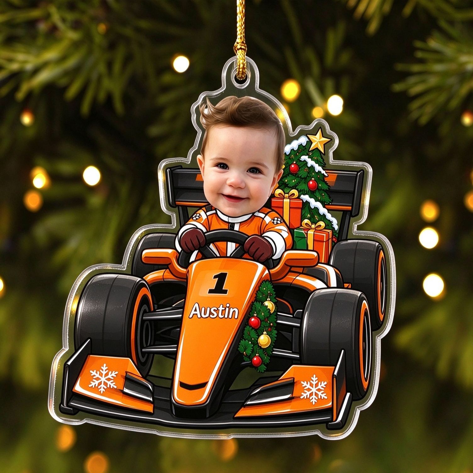 [Copy]Personalized Race Car Christmas Ornament, Custom Photo Name & Number Keepsake Christmas Gift, Acrylic Xmas Tree Decoration