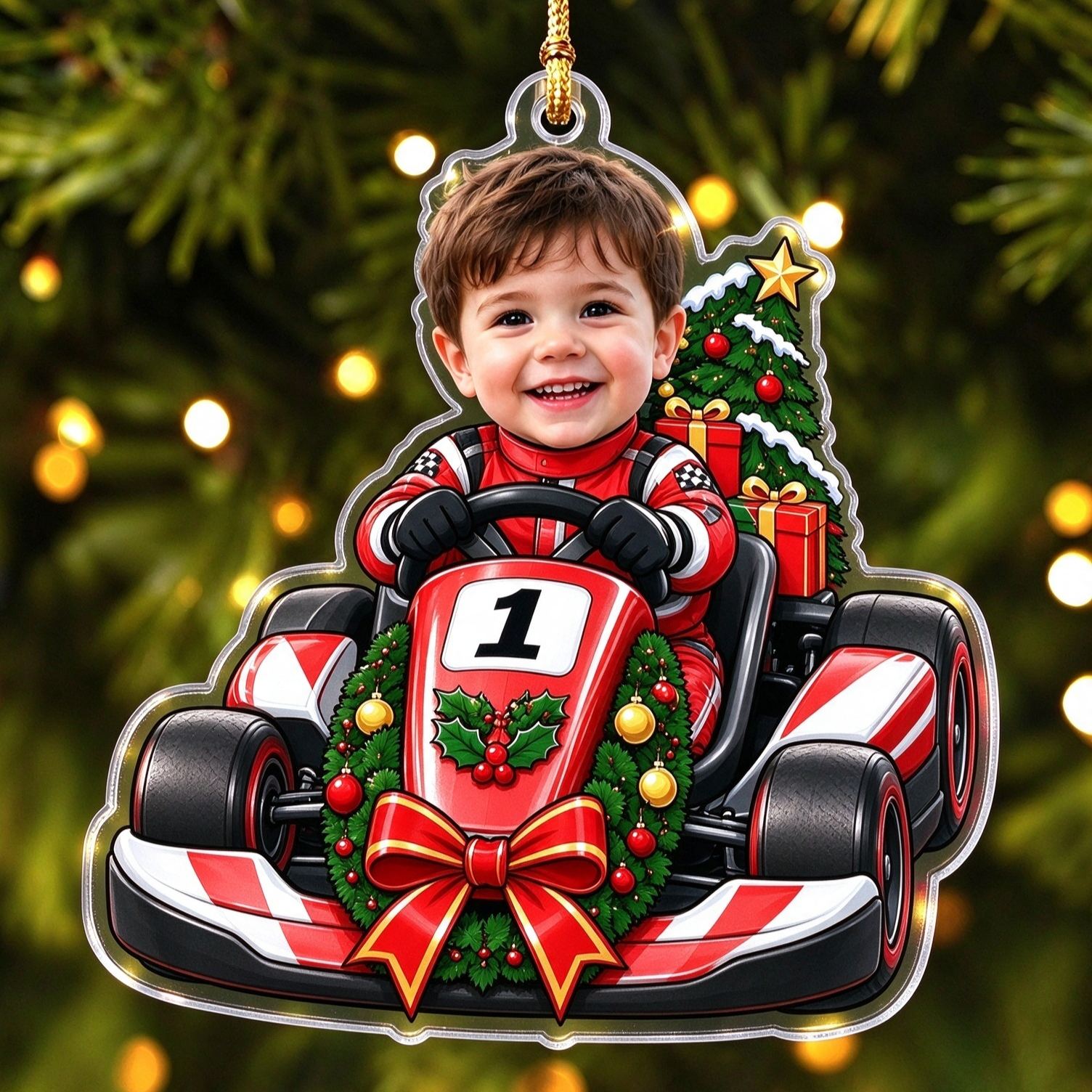 [Copy]Personalized Race Car Christmas Ornament, Custom Photo Name & Number Keepsake Christmas Gift, Acrylic Xmas Tree Decoration