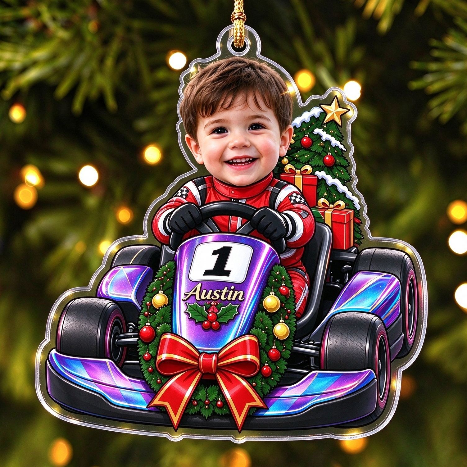 [Copy]Personalized Race Car Christmas Ornament, Custom Photo Name & Number Keepsake Christmas Gift, Acrylic Xmas Tree Decoration