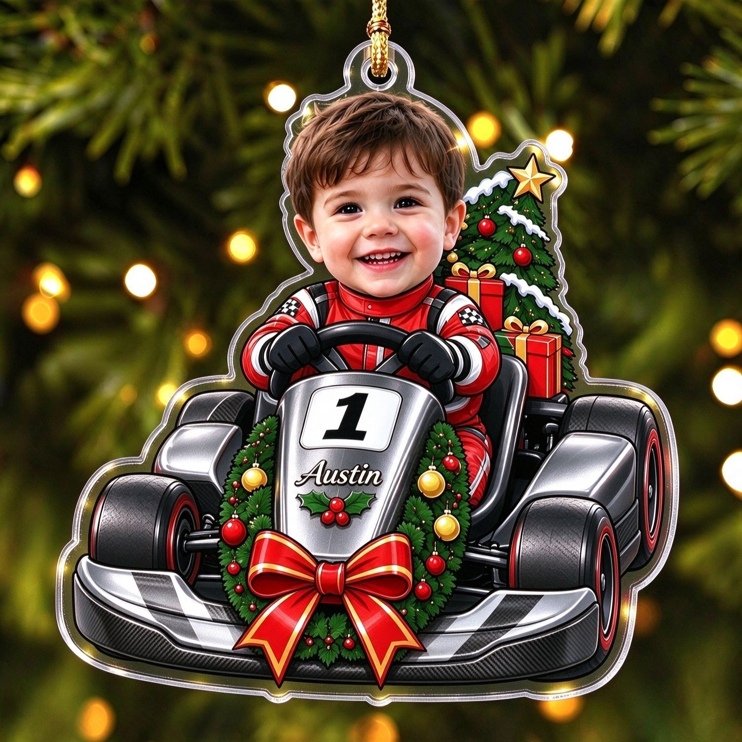 [Copy]Personalized Race Car Christmas Ornament, Custom Photo Name & Number Keepsake Christmas Gift, Acrylic Xmas Tree Decoration