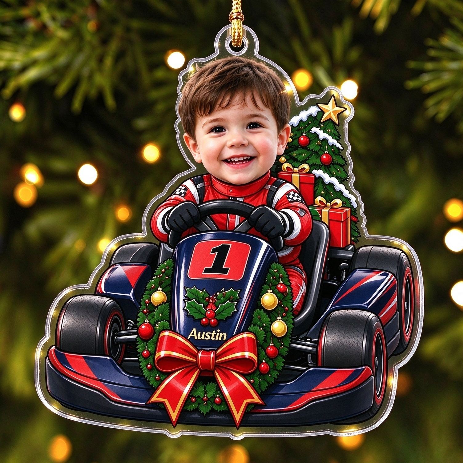 [Copy]Personalized Race Car Christmas Ornament, Custom Photo Name & Number Keepsake Christmas Gift, Acrylic Xmas Tree Decoration