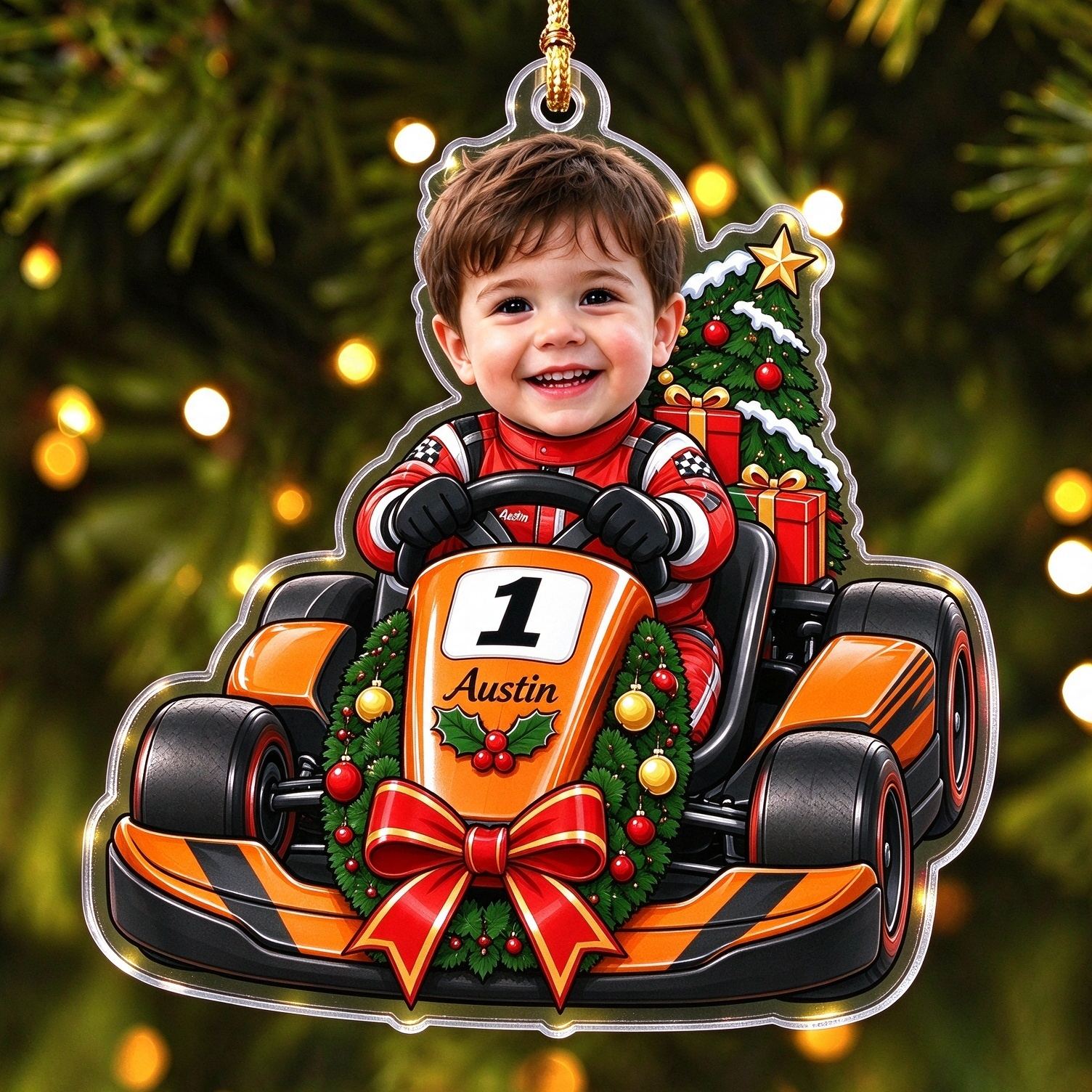 [Copy]Personalized Race Car Christmas Ornament, Custom Photo Name & Number Keepsake Christmas Gift, Acrylic Xmas Tree Decoration