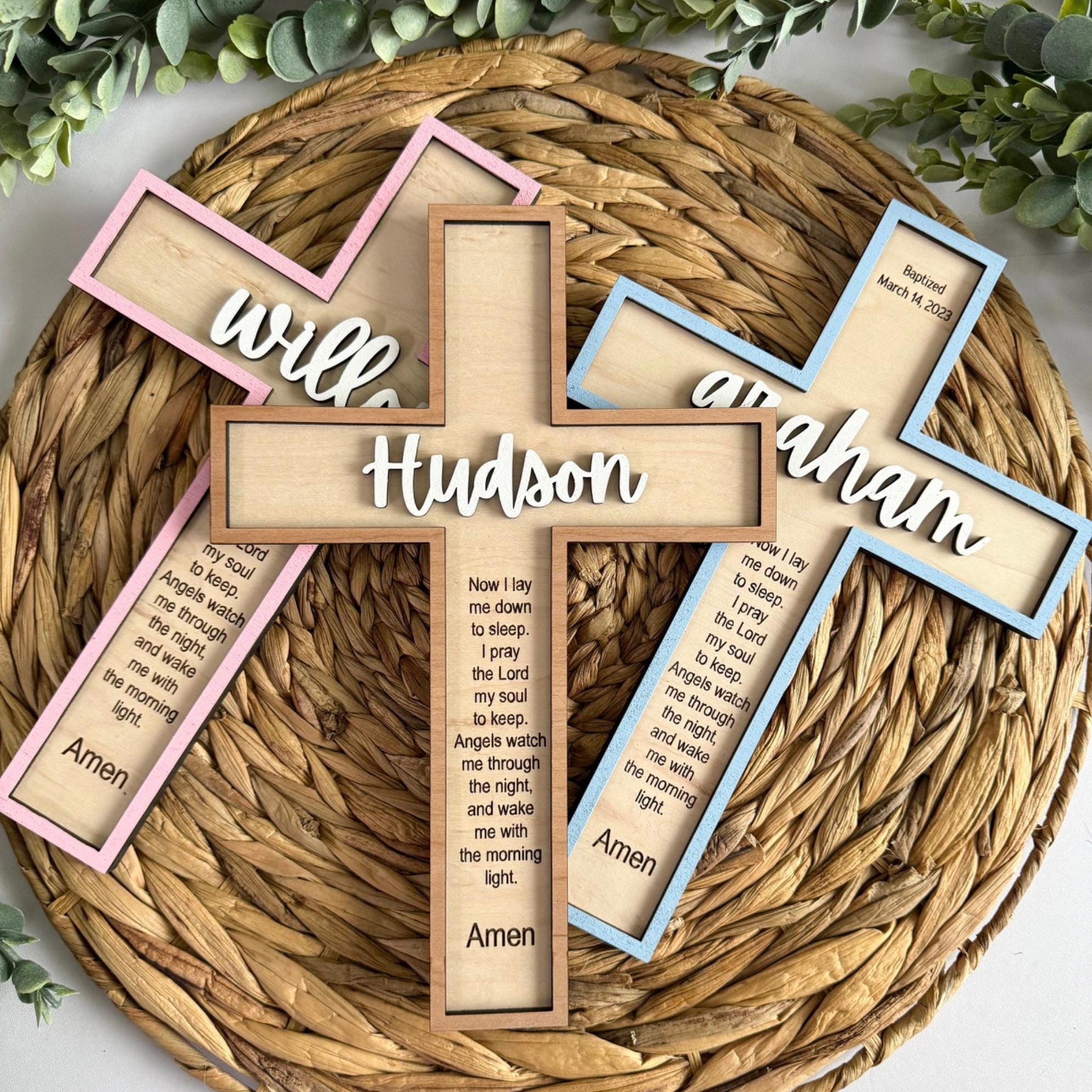 Personalized Wooden Cross, Custom Engraved Baptism Gift for Boy Girl, Nursery Decor