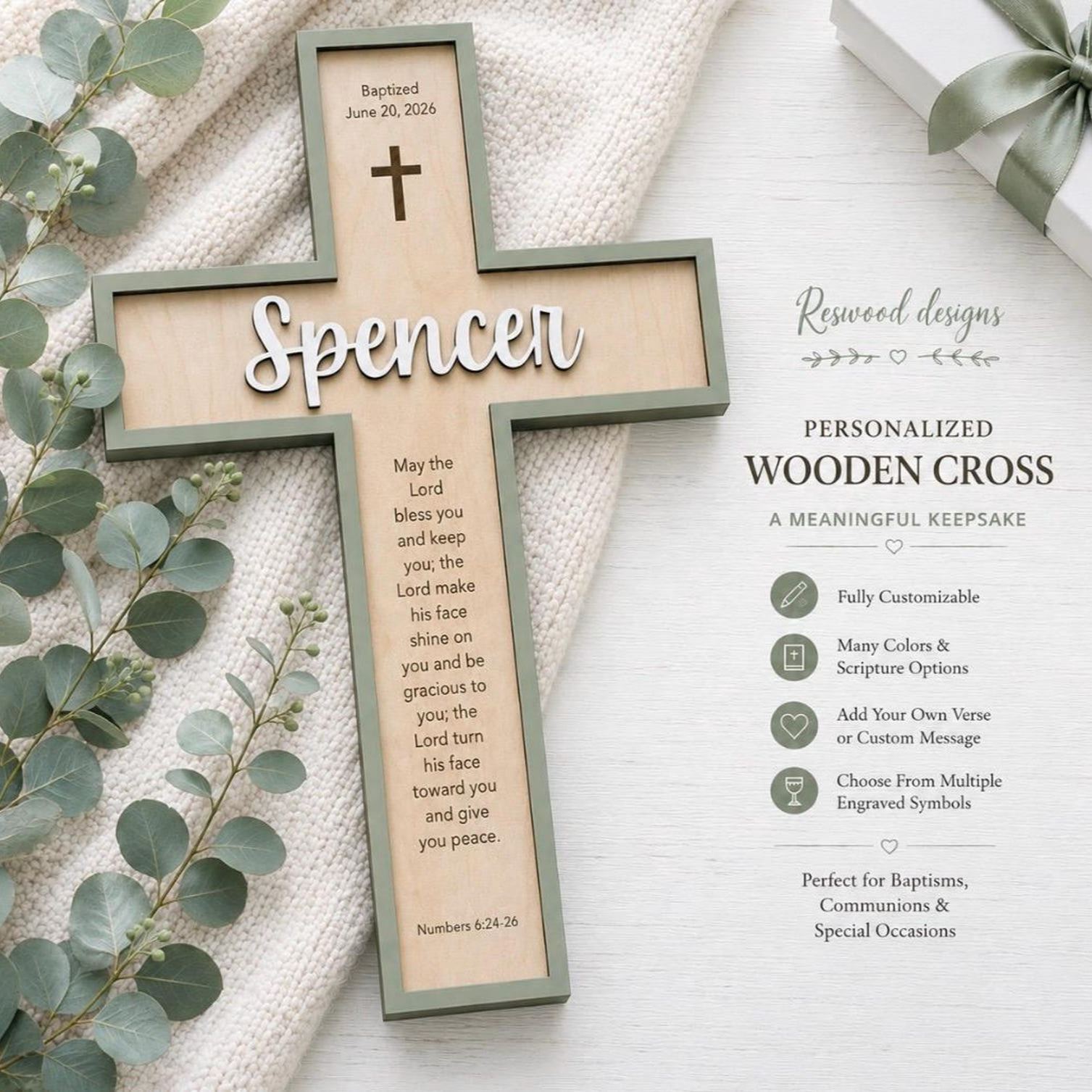 Personalized Wooden Cross, Custom Engraved Baptism Gift for Boy Girl, Nursery Decor
