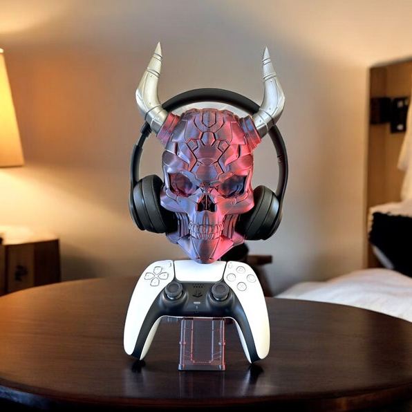 Personalized 3D Print Controller Holder and Headphone Stand | Cyberpunk Skull Setup Accessory | PS5 & Xbox Controller Mount | Gamer Room Decor