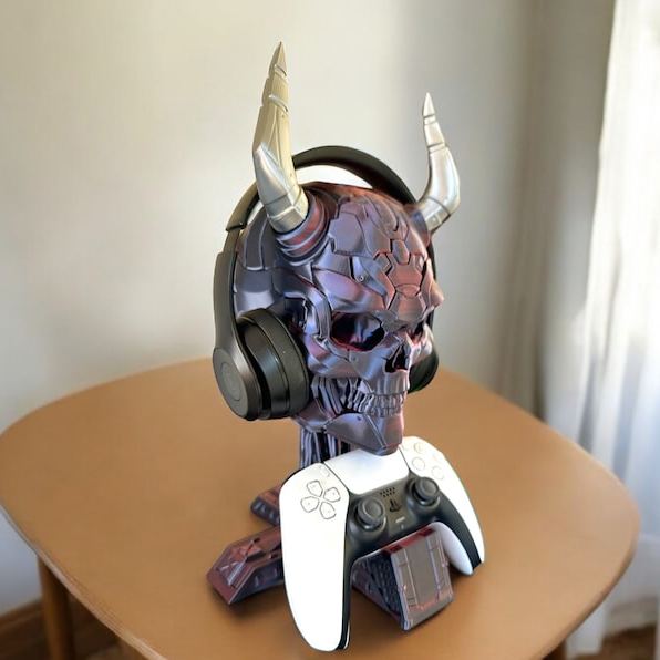 Personalized 3D Print Controller Holder and Headphone Stand | Cyberpunk Skull Setup Accessory | PS5 & Xbox Controller Mount | Gamer Room Decor