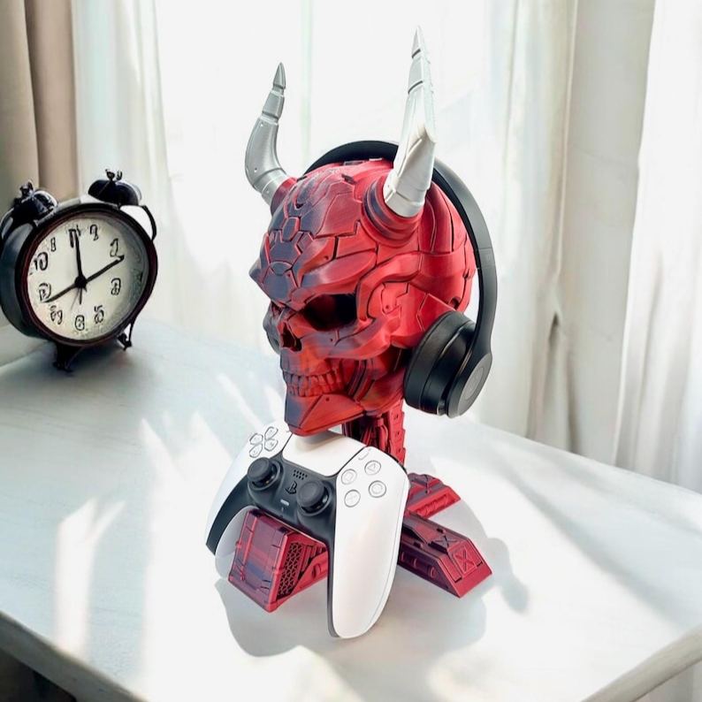 Personalized 3D Print Controller Holder and Headphone Stand | Cyberpunk Skull Setup Accessory | PS5 & Xbox Controller Mount | Gamer Room Decor