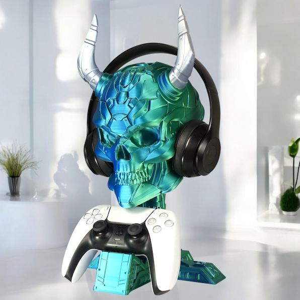 Personalized 3D Print Controller Holder and Headphone Stand | Cyberpunk Skull Setup Accessory | PS5 & Xbox Controller Mount | Gamer Room Decor