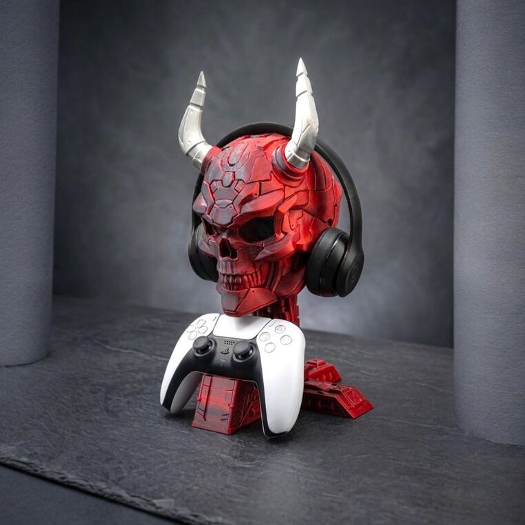 Personalized 3D Print Controller Holder and Headphone Stand | Cyberpunk Skull Setup Accessory | PS5 & Xbox Controller Mount | Gamer Room Decor