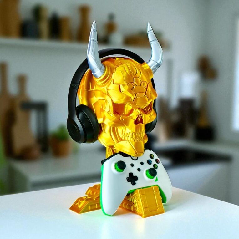 Personalized 3D Print Controller Holder and Headphone Stand | Cyberpunk Skull Setup Accessory | PS5 & Xbox Controller Mount | Gamer Room Decor