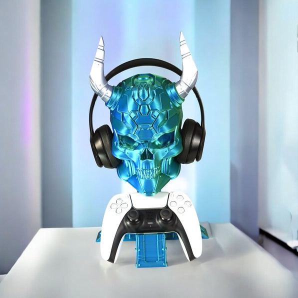 Personalized 3D Print Controller Holder and Headphone Stand | Cyberpunk Skull Setup Accessory | PS5 & Xbox Controller Mount | Gamer Room Decor