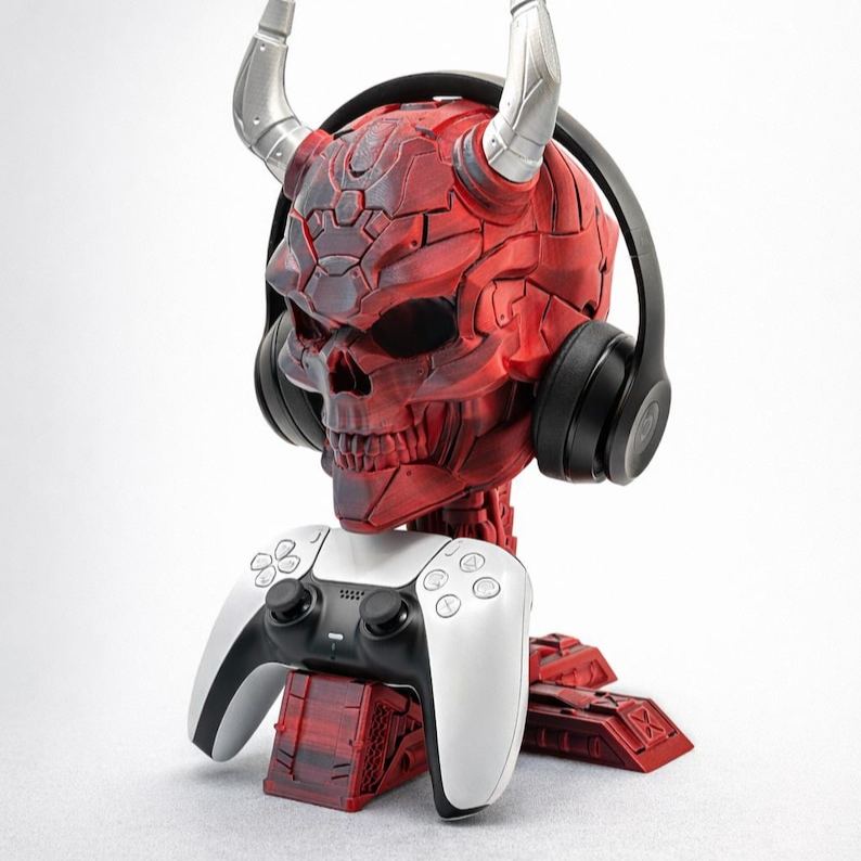 Personalized 3D Print Controller Holder and Headphone Stand | Cyberpunk Skull Setup Accessory | PS5 & Xbox Controller Mount | Gamer Room Decor