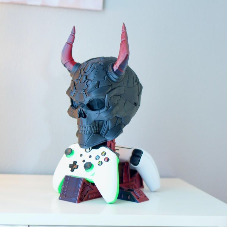 Personalized 3D Print Controller Holder and Headphone Stand | Cyberpunk Skull Setup Accessory | PS5 & Xbox Controller Mount | Gamer Room Decor