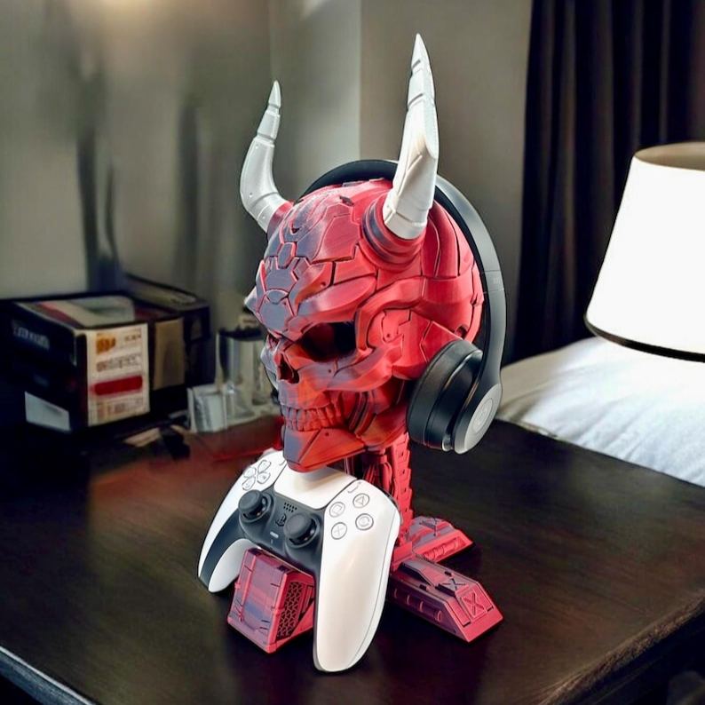 Personalized 3D Print Controller Holder and Headphone Stand | Cyberpunk Skull Setup Accessory | PS5 & Xbox Controller Mount | Gamer Room Decor