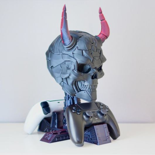 Personalized 3D Print Controller Holder and Headphone Stand | Cyberpunk Skull Setup Accessory | PS5 & Xbox Controller Mount | Gamer Room Decor