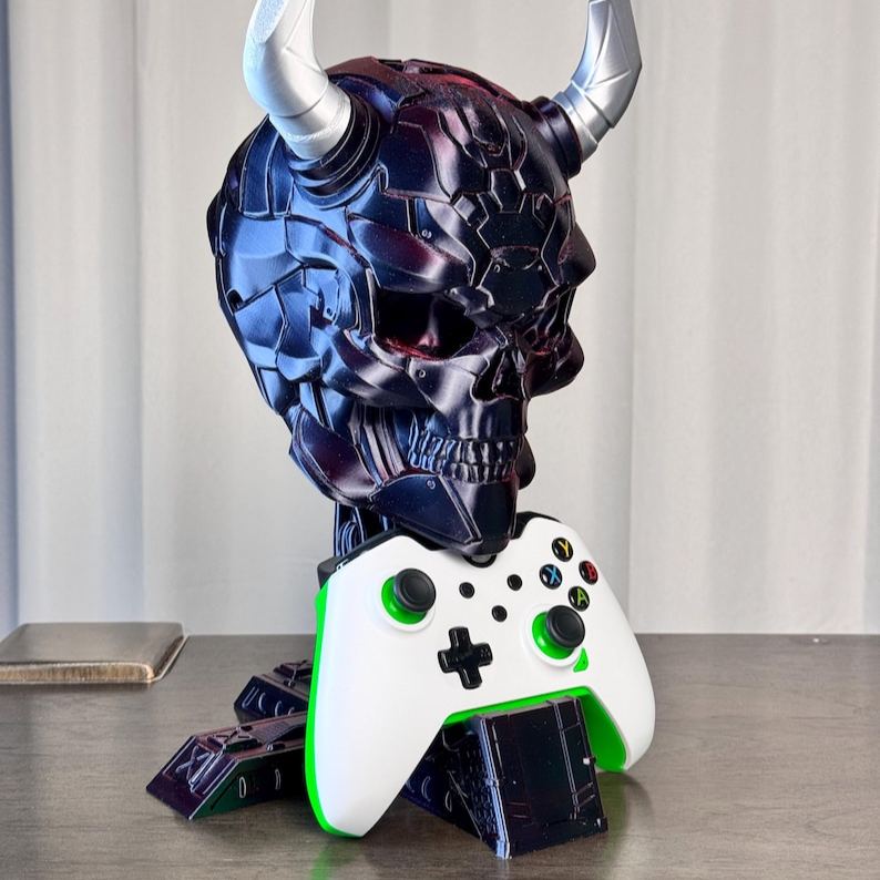 Personalized 3D Print Controller Holder and Headphone Stand | Cyberpunk Skull Setup Accessory | PS5 & Xbox Controller Mount | Gamer Room Decor
