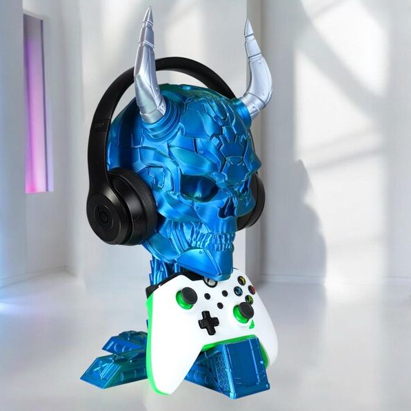 Personalized 3D Print Controller Holder and Headphone Stand | Cyberpunk Skull Setup Accessory | PS5 & Xbox Controller Mount | Gamer Room Decor