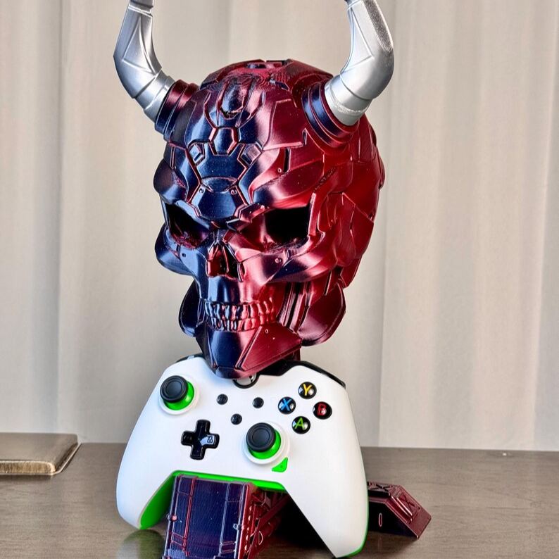 Personalized 3D Print Controller Holder and Headphone Stand | Cyberpunk Skull Setup Accessory | PS5 & Xbox Controller Mount | Gamer Room Decor