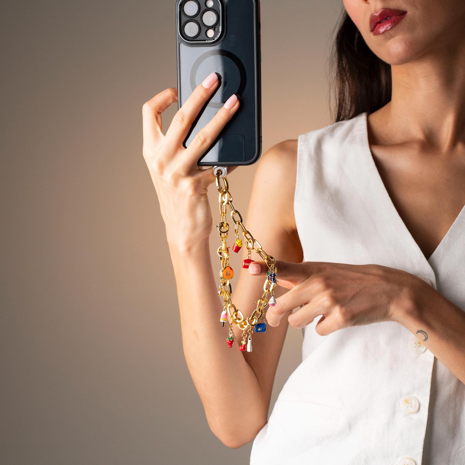 Beaded Phone Charm Gold Chain Wristlet Strap Colorful Phone Bracelet Trendy Phone Accessory Gift for Her