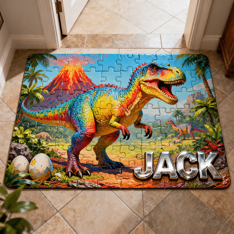 Personalized Cartoon Dinosaur Puzzle Rug Custom Name Gift for Kids Movie Lovers for Birthday Christmas Holiday Party Gift