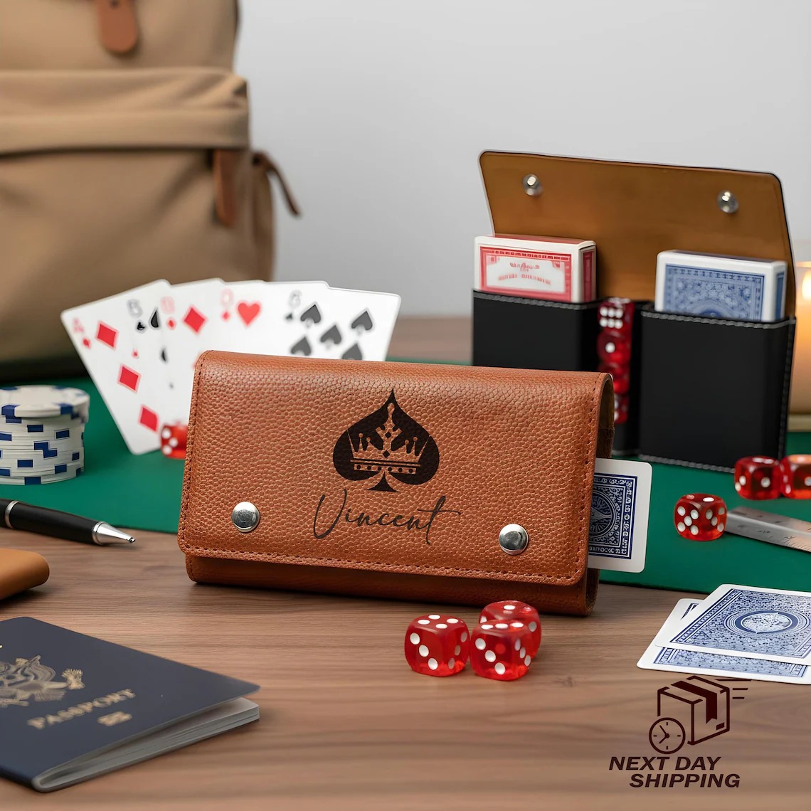 Custom Engraved Leather Poker and Dice Set Personalized Travel Game Set Gift for Men Father Husband Anniversary