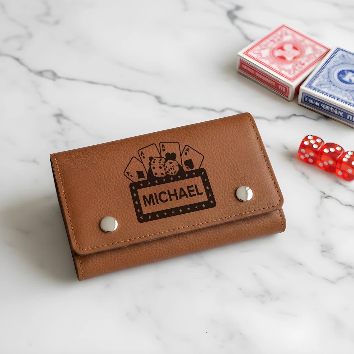 Custom Engraved Leather Poker and Dice Set Personalized Travel Game Set Gift for Men Father Husband Anniversary