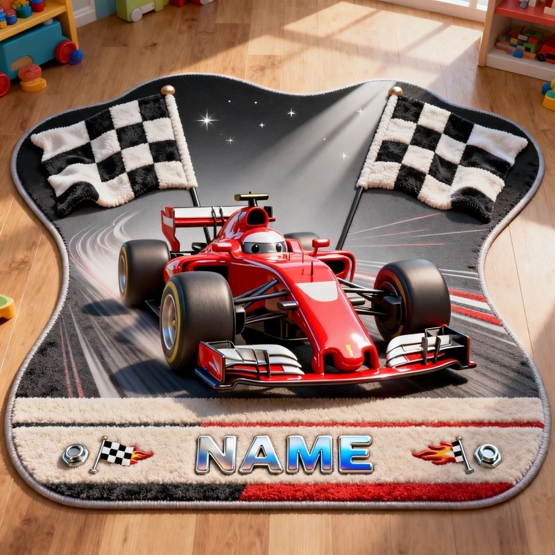 Personalized Cartoon Formula One Racing Car Floor Mat Rug Custom Name for Cartoon Lovers Christmas Birthday Party Gift for Kids and Movie Lovers
