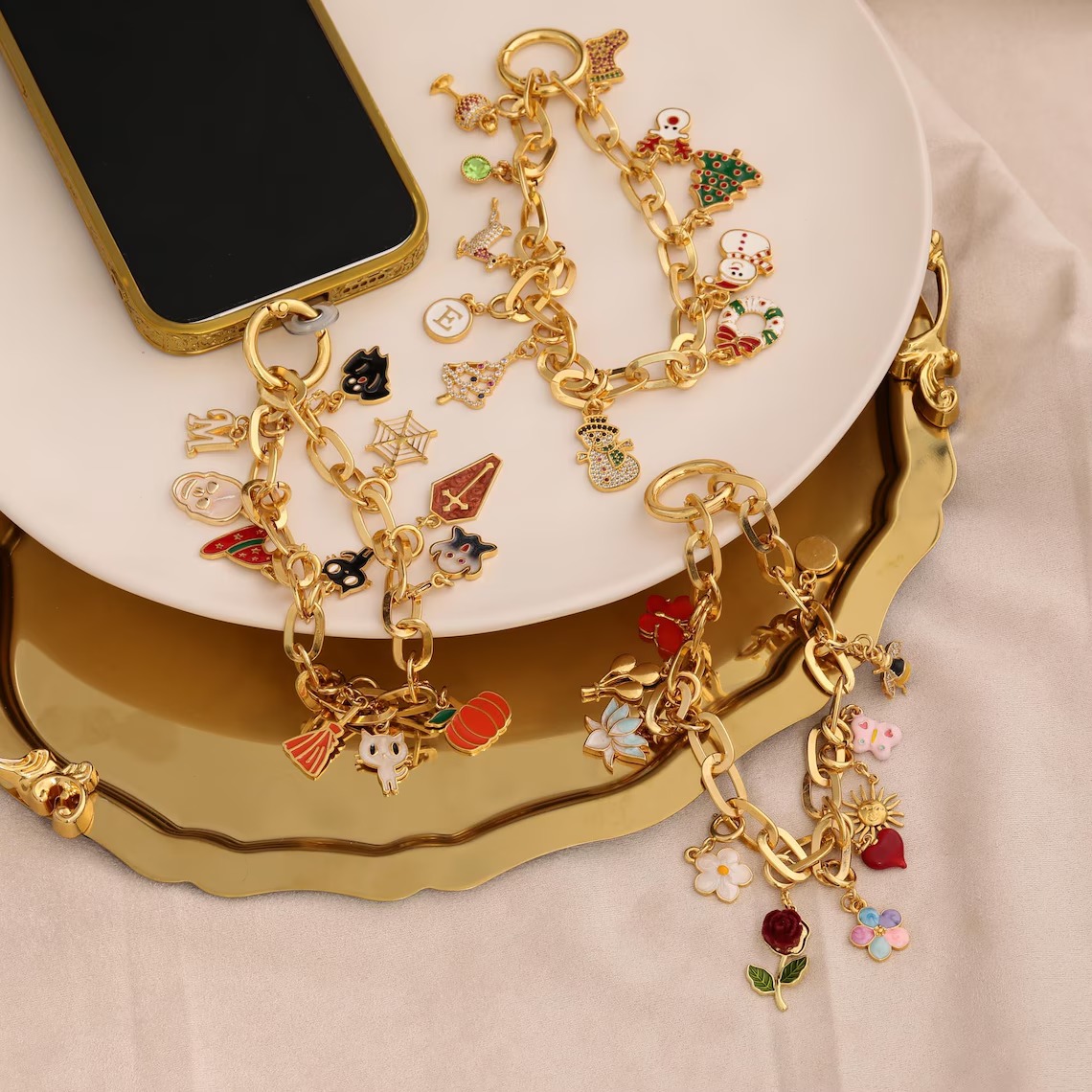 Beaded Phone Charm Gold Chain Wristlet Strap Colorful Phone Bracelet Trendy Phone Accessory Gift for Her