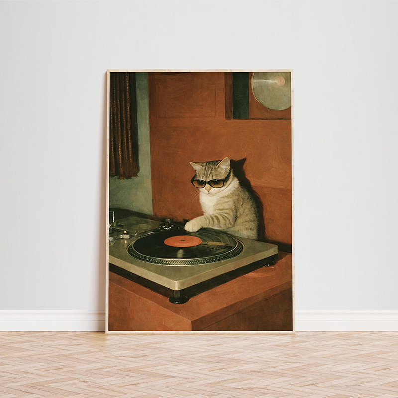 Personalized DJ Cat Vinyl Poster Retro Turntable Music Wall Art