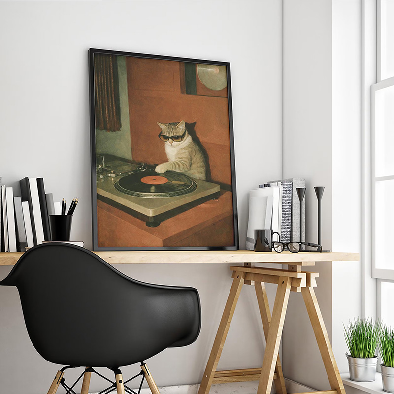Personalized DJ Cat Vinyl Poster Retro Turntable Music Wall Art