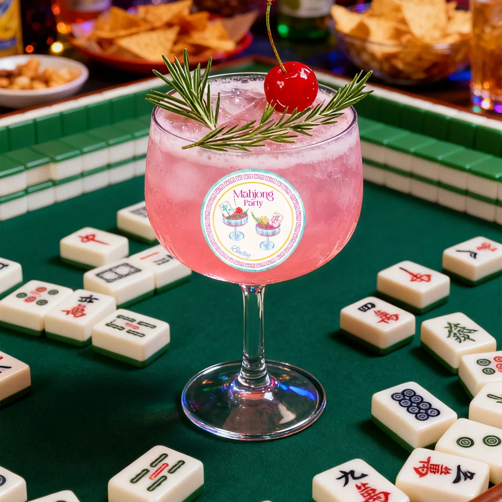 Personalized Mahjong Cocktail Pattern Waterproof Stickers with Name Gift Decor Mahjong Party Gift for Mahjong Lovers