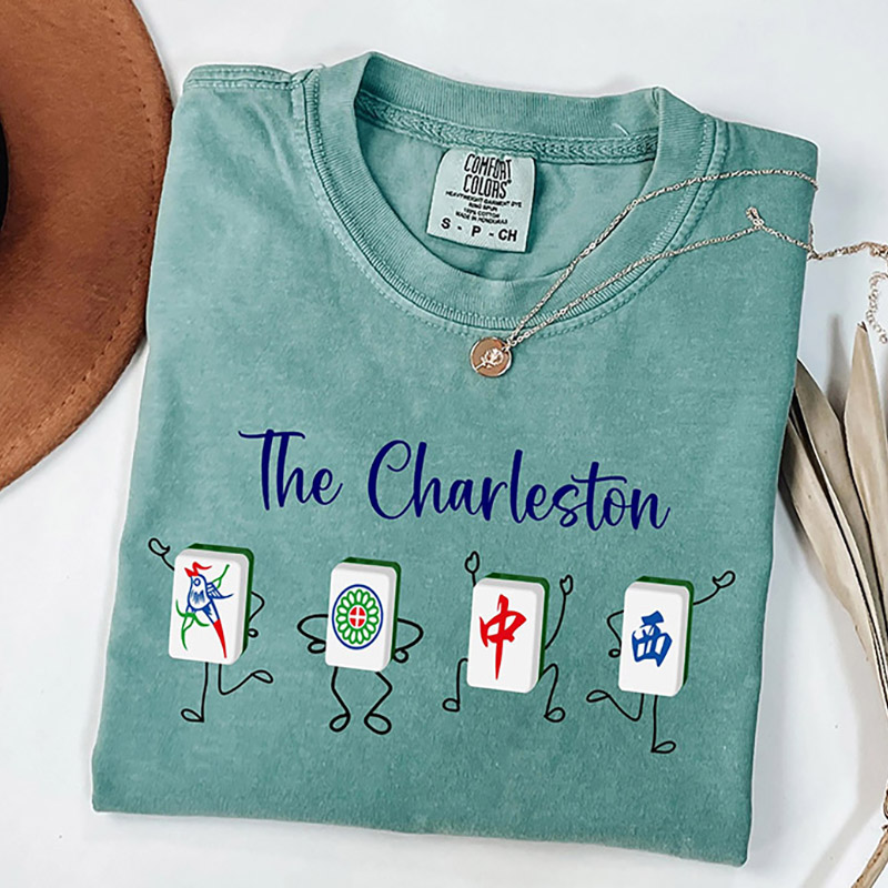 Personalized Charleston Mahjong Washed T-Shirts Dance T-Shirts Custom Tiles and Text for Mahjong Lovers Dance Lovers for Holiday Party for Her