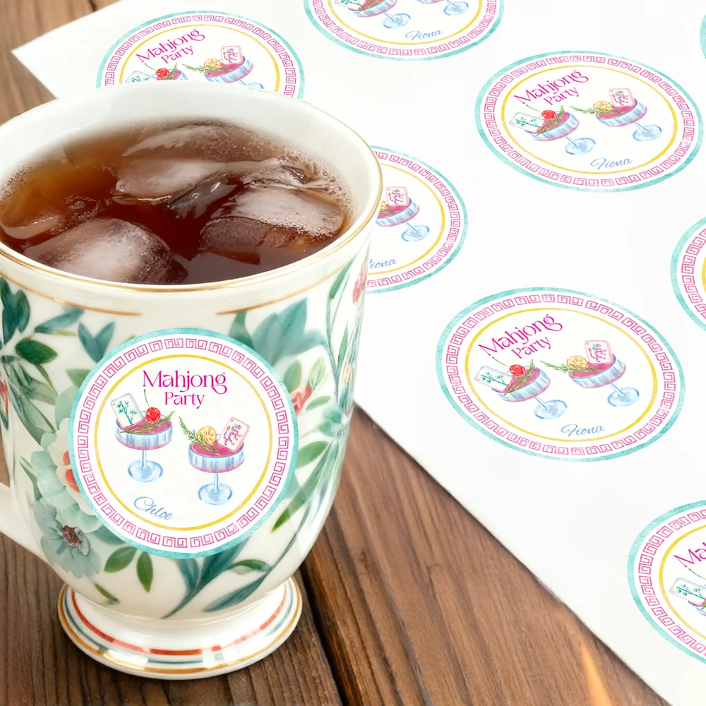 Personalized Mahjong Cocktail Pattern Waterproof Stickers with Name Gift Decor Mahjong Party Gift for Mahjong Lovers