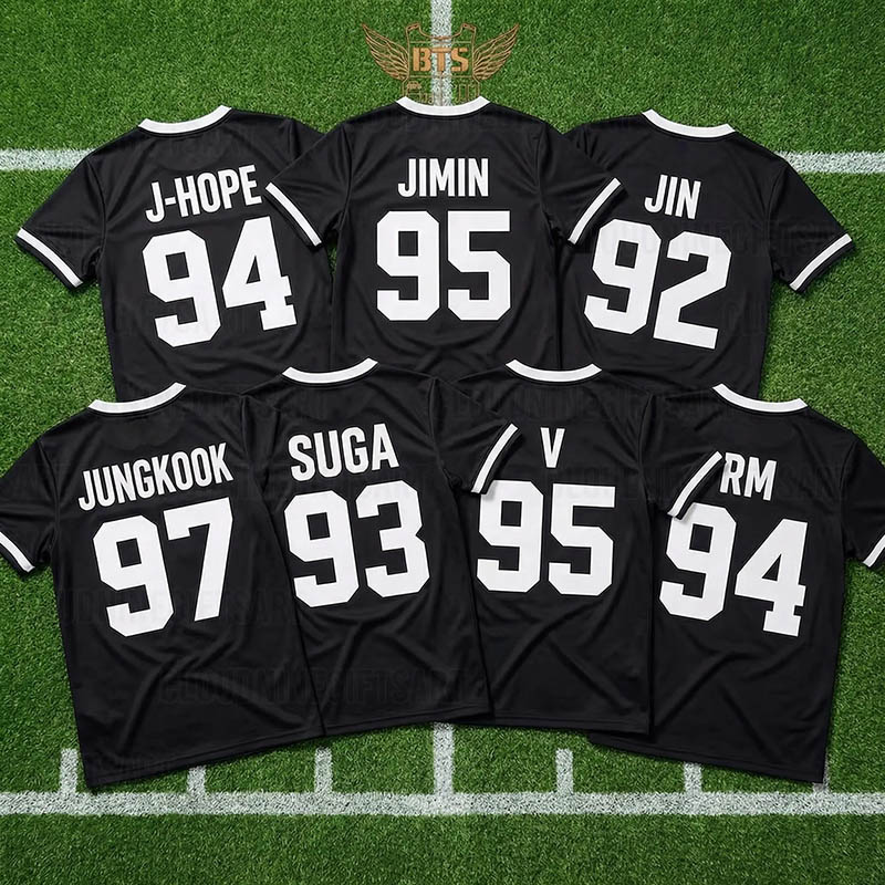Personalized BTS Kpop Football Jersey Unisex Fan Merch SUGA Jersey Custom Name Number BTS Fan Lovers Players of All Age Kpop Concert Shirt