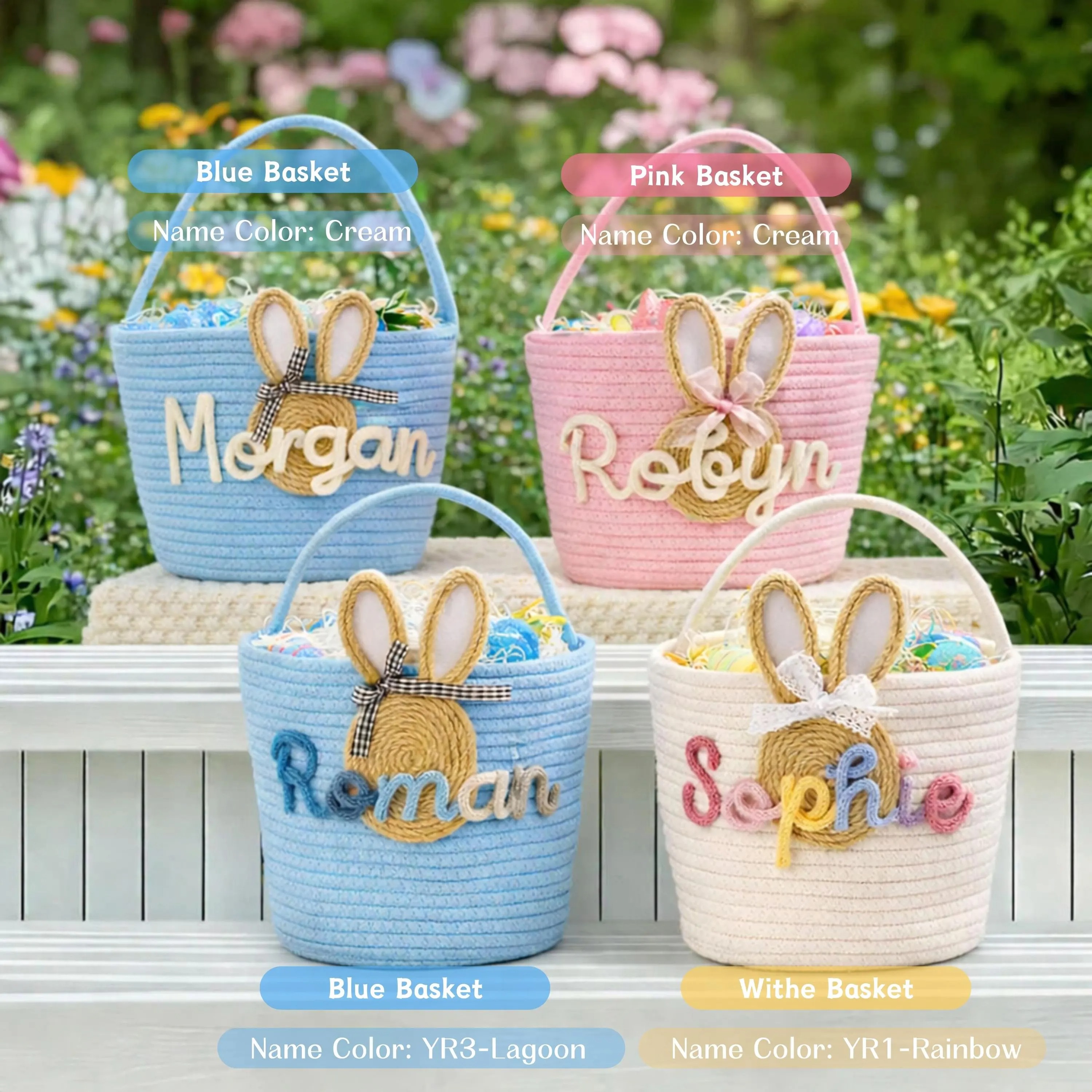 Personalized Easter Bunny Ear Cotton Basket Bunny Carrot Rope Basket Custom Name Cute Kids Gift and Decoration