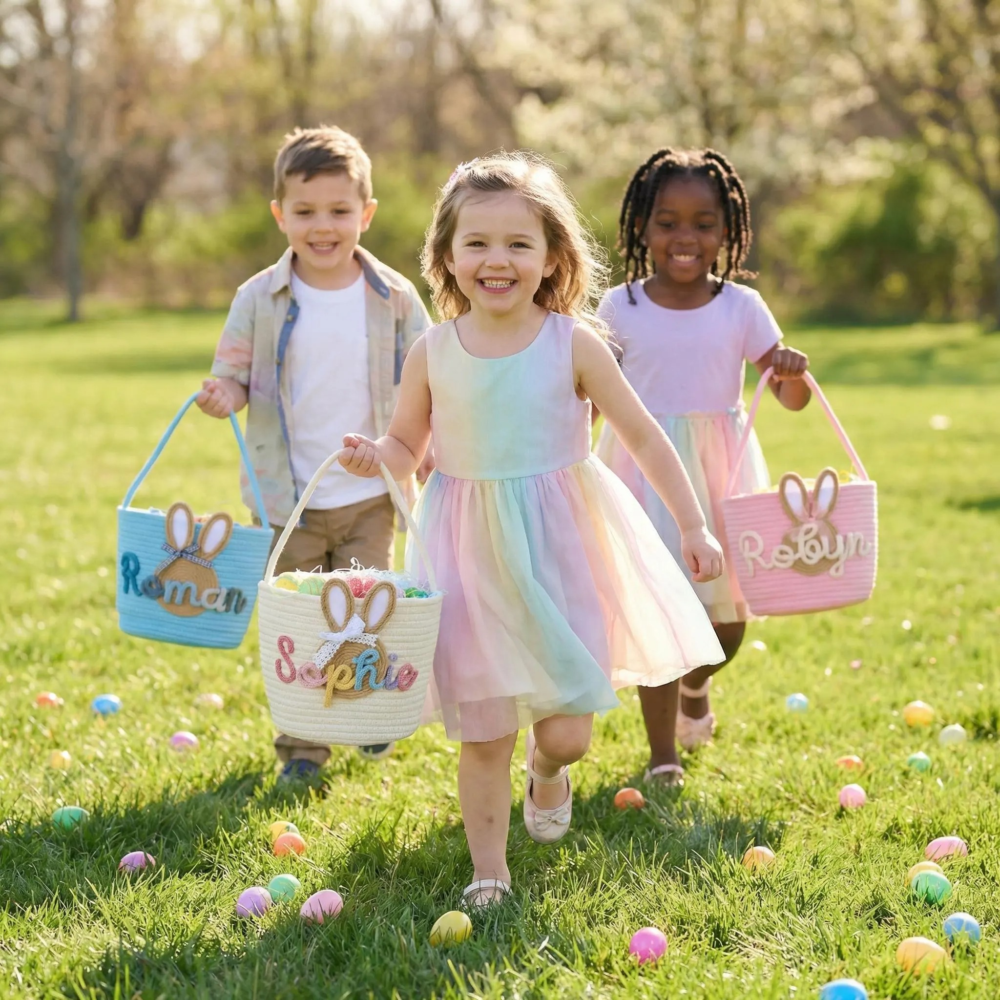 Personalized Easter Bunny Ear Cotton Basket Bunny Carrot Rope Basket Custom Name Cute Kids Gift and Decoration