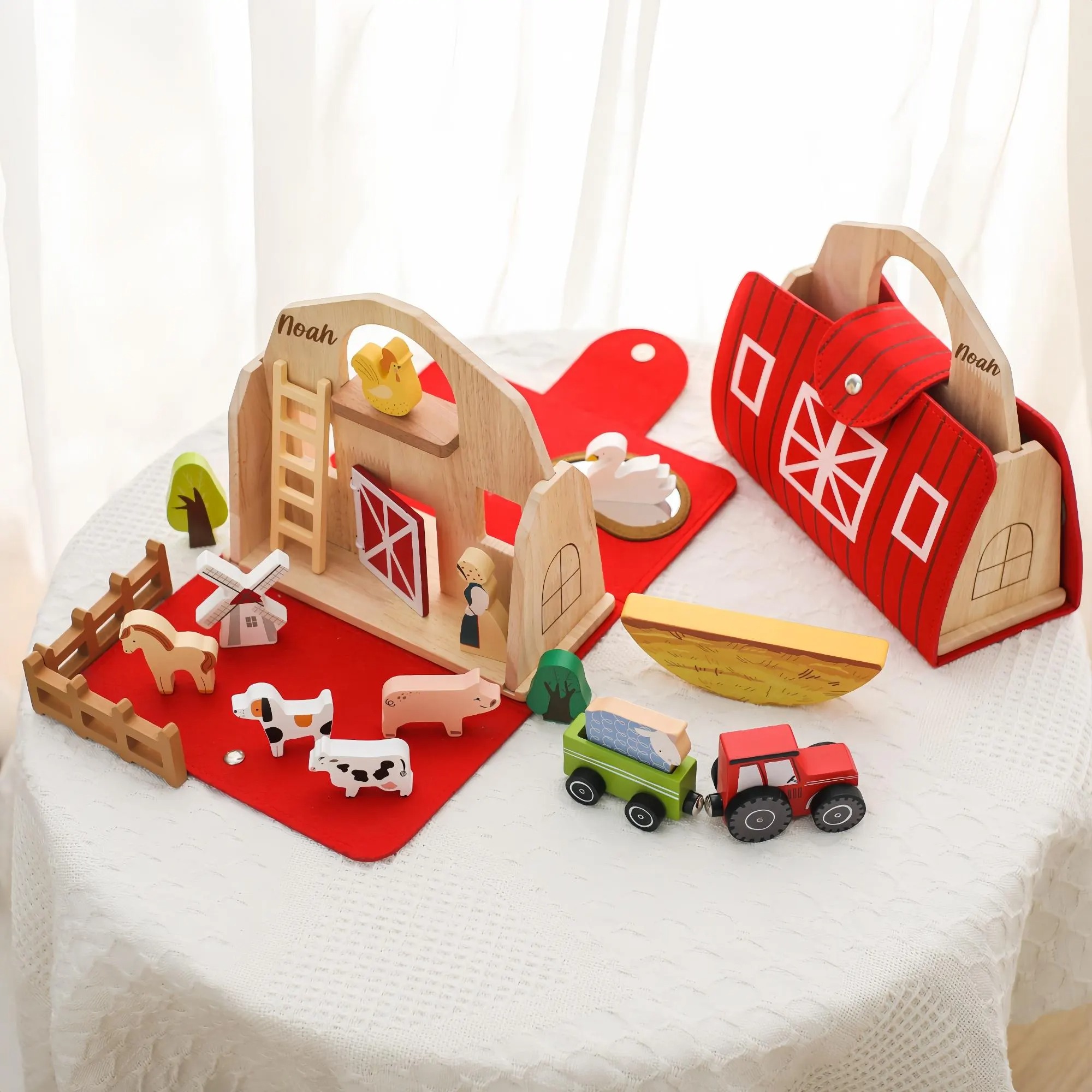 Personalized Wooden Farm Playset for Kids Custom Name Durable Easy Storage and Multiplayer Fun