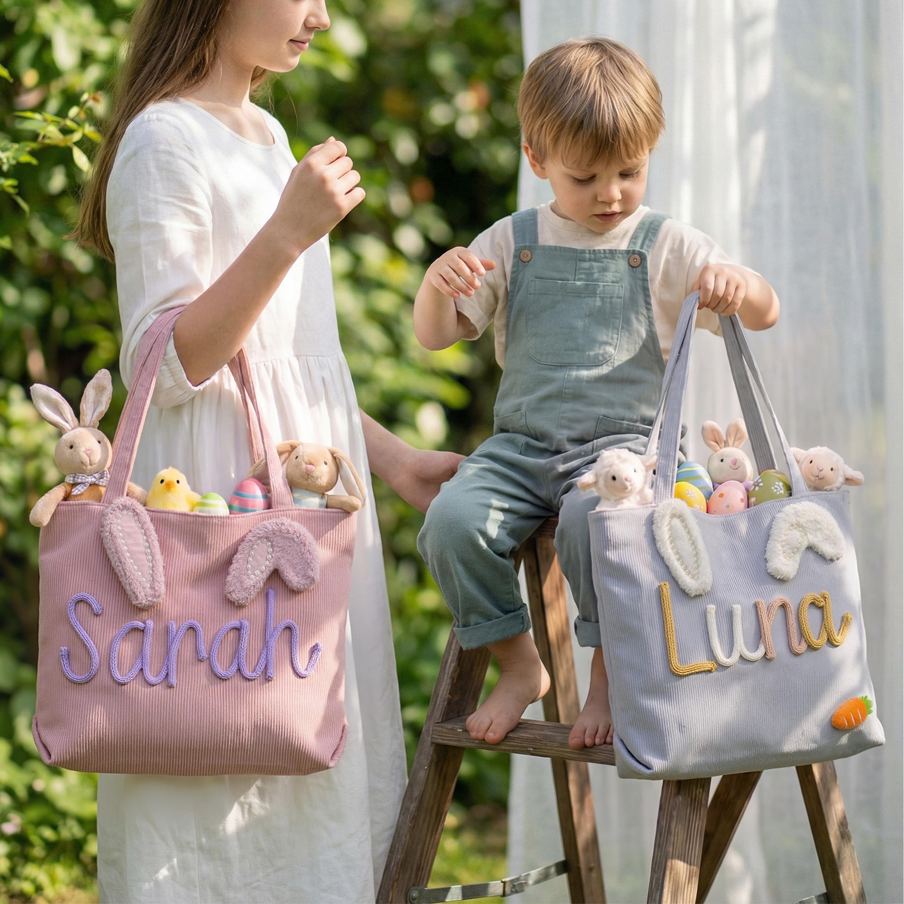 Personalized Easter Pearl Bunny Ear Tote Bag  Custom Name Corduroy and Cotton Gift Basket for Kids Preppy Sibling Matching Bag