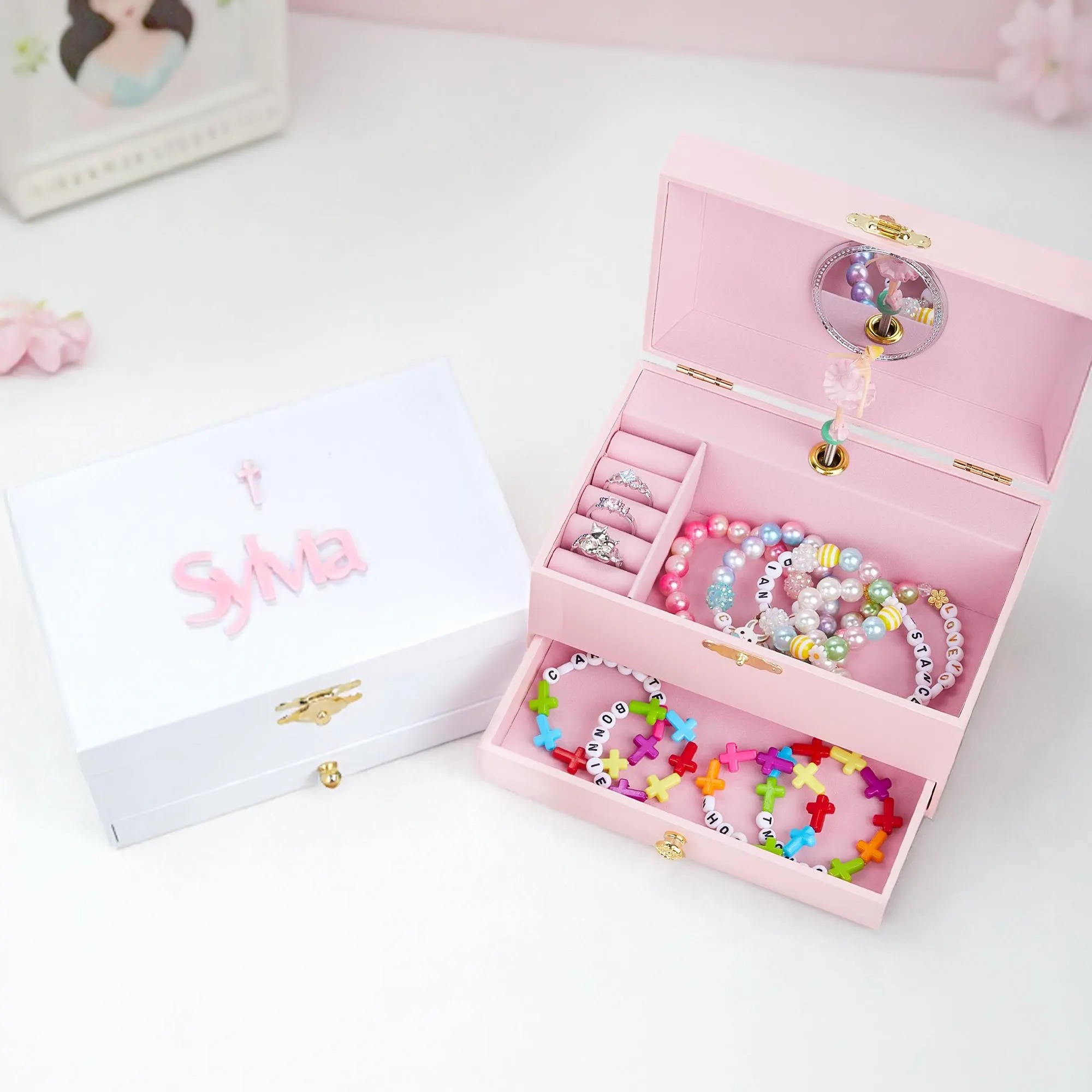 Personalized Ballerina Musical Jewelry Box  Custom Name Keepsake Box  Max 10 Letters with Mirror for Little Girls