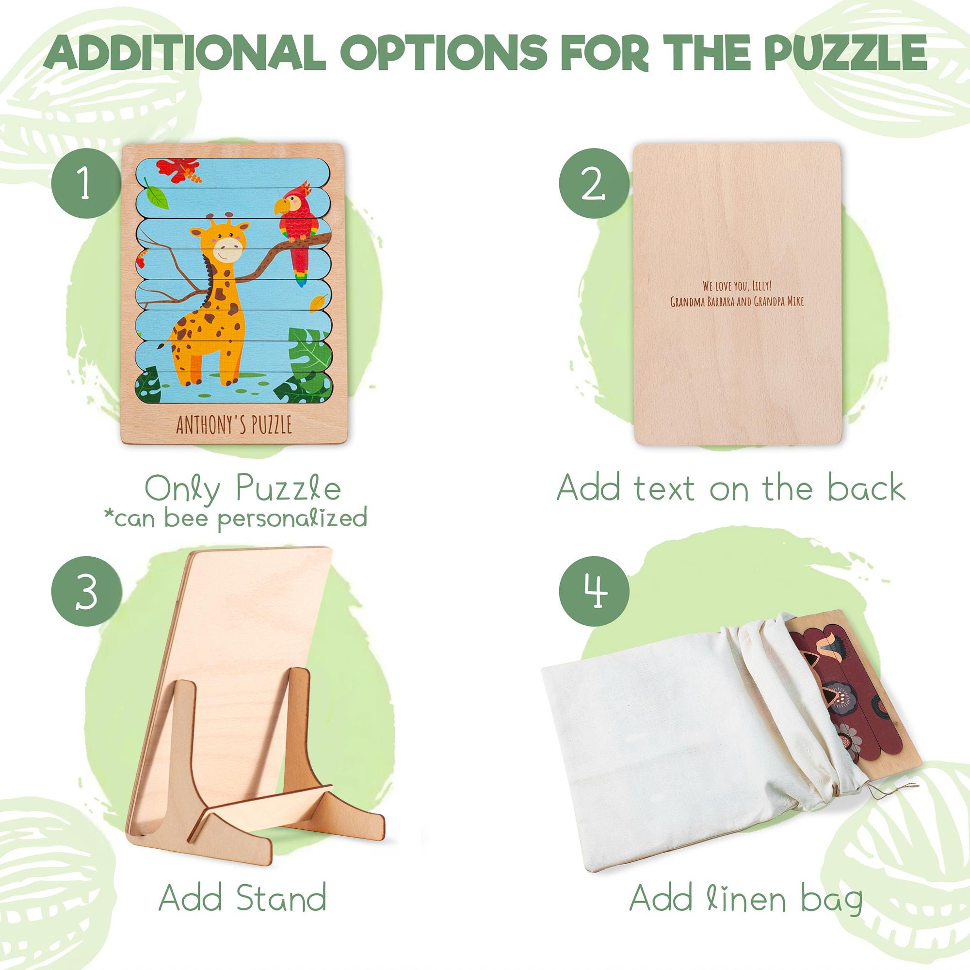 Personalized Wooden Forest Animal Puzzle Set forKids Customizable with Name and Interchangeable Patterns Montessori Toy Multiple Designs Available