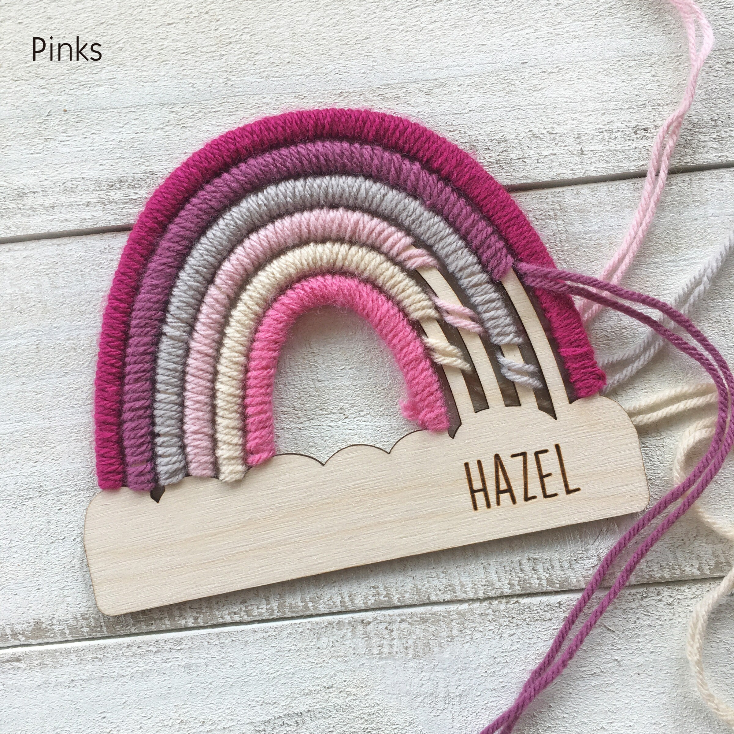 Personalized DIY Yarn Rainbow Kit for Kids Custom Name Craft with Birch Base and 6 Yarn Colors