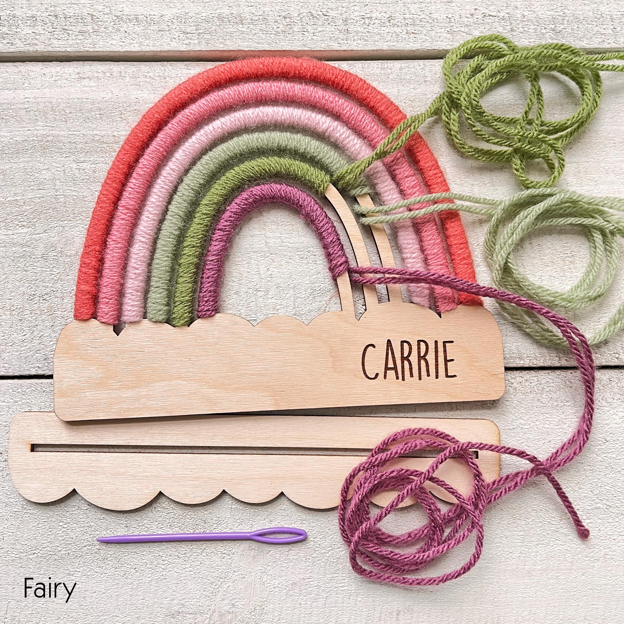 Personalized DIY Yarn Rainbow Kit for Kids Custom Name Craft with Birch Base and 6 Yarn Colors