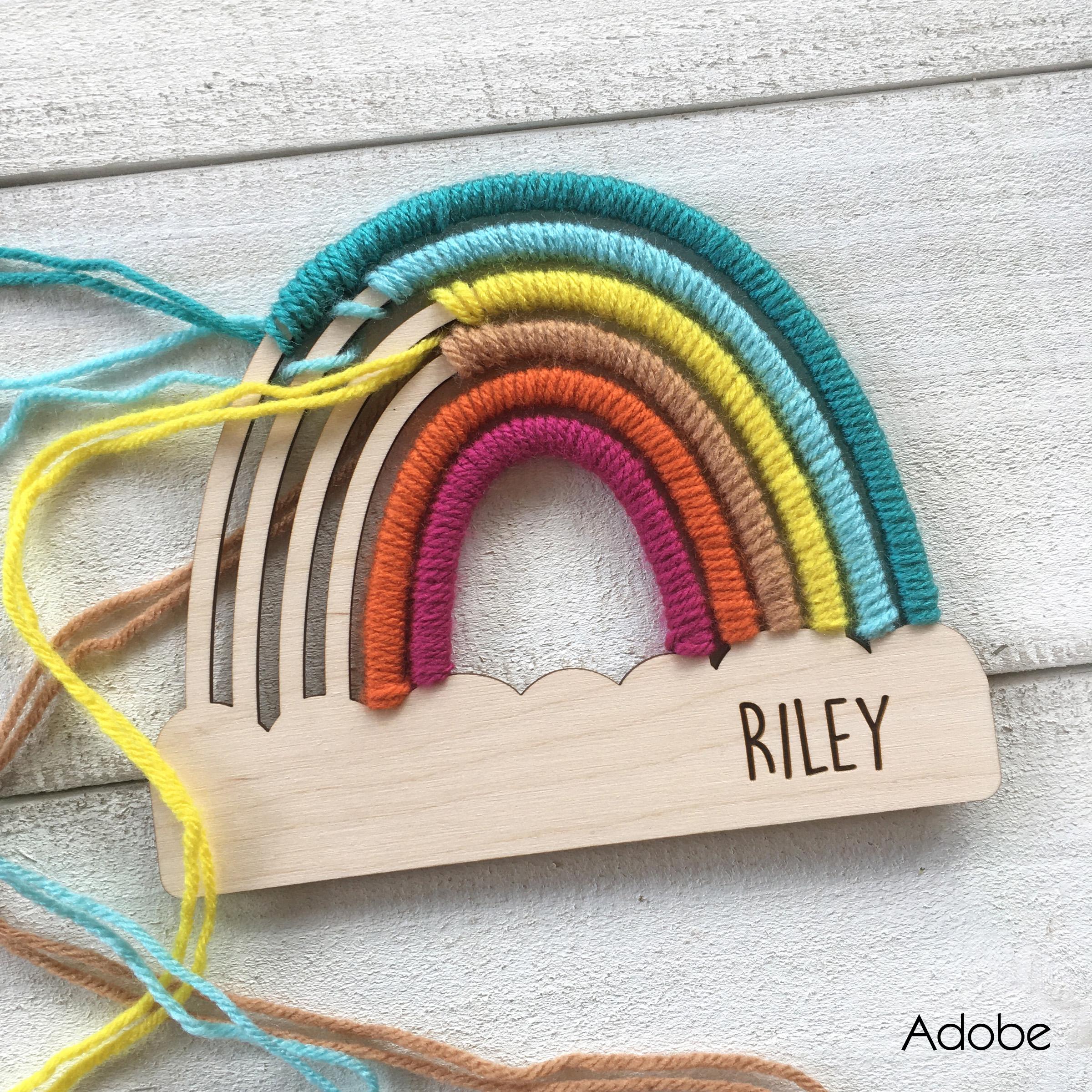 Personalized DIY Yarn Rainbow Kit for Kids Custom Name Craft with Birch Base and 6 Yarn Colors