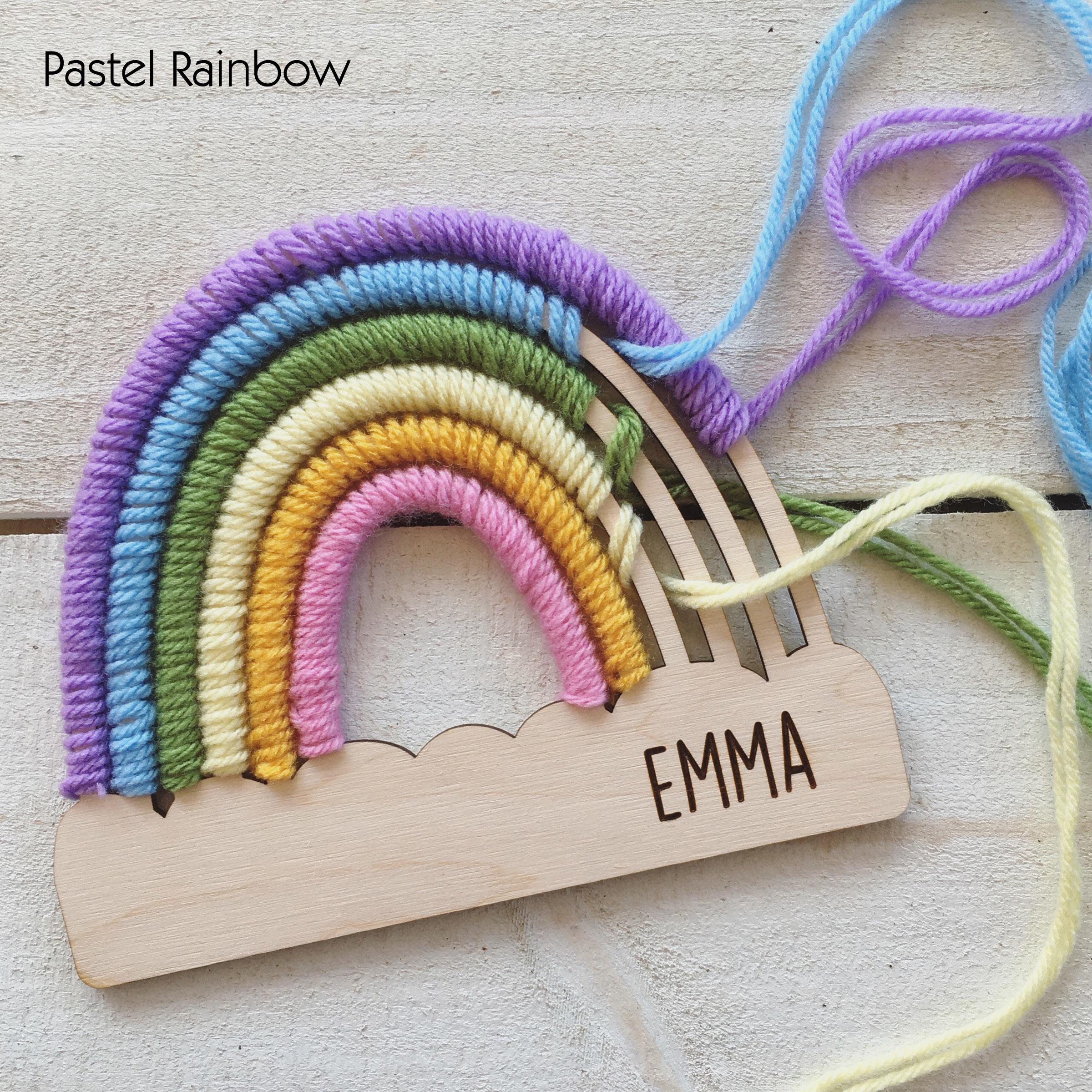 Personalized DIY Yarn Rainbow Kit for Kids Custom Name Craft with Birch Base and 6 Yarn Colors