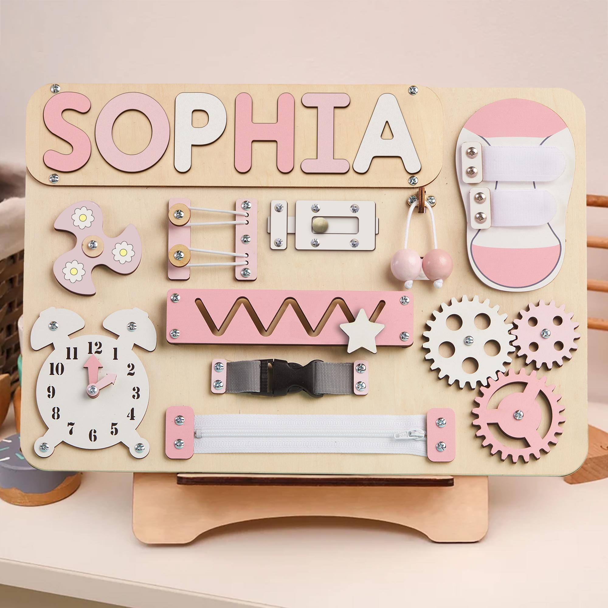 Personalized Montessori Busy Board Wooden Sensory Activity Toy for Toddlers Customizable Name 10+ Interactive Features Develops Fine Motor Skills