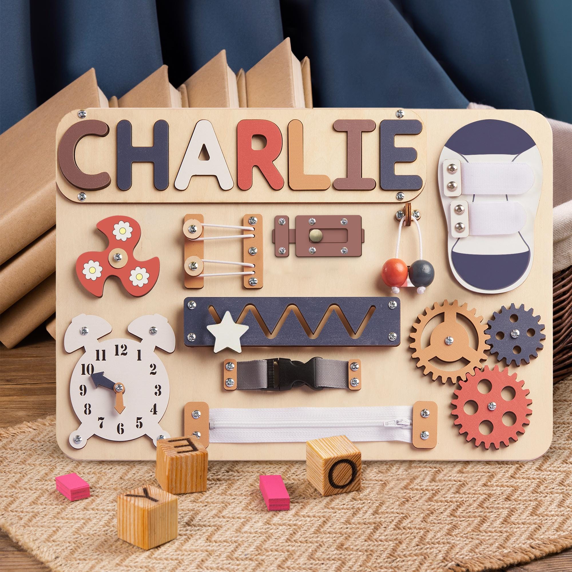 Personalized Montessori Busy Board Wooden Sensory Activity Toy for Toddlers Customizable Name 10+ Interactive Features Develops Fine Motor Skills