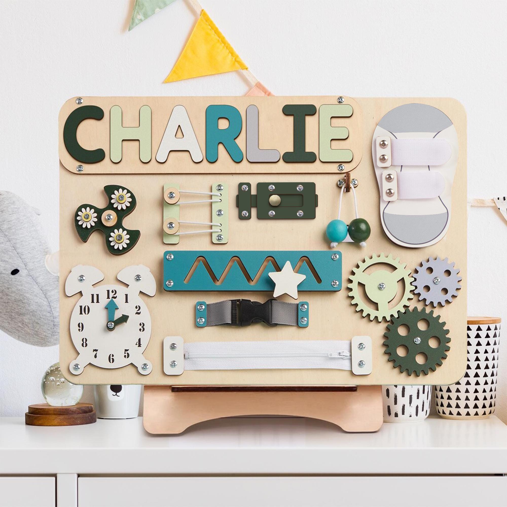 Personalized Montessori Busy Board Wooden Sensory Activity Toy for Toddlers Customizable Name 10+ Interactive Features Develops Fine Motor Skills