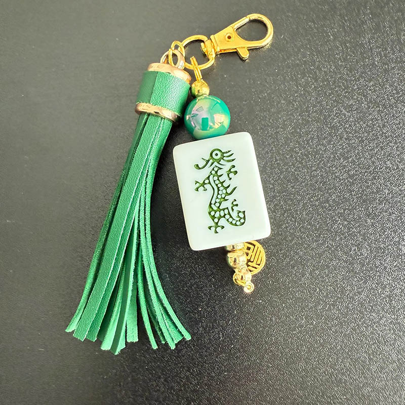 Personalized Handmade Mahjong Tile Bag Charm with Tassel Mixed Beads Gift for Mahjong Lovers
