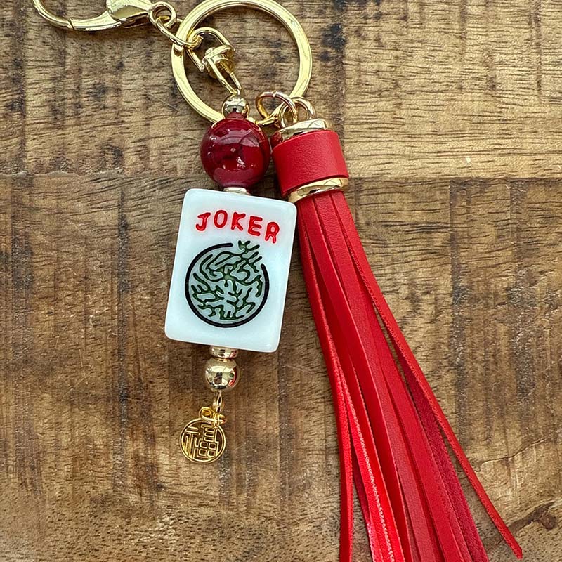 Personalized Handmade Mahjong Tile Bag Charm with Tassel Mixed Beads Gift for Mahjong Lovers